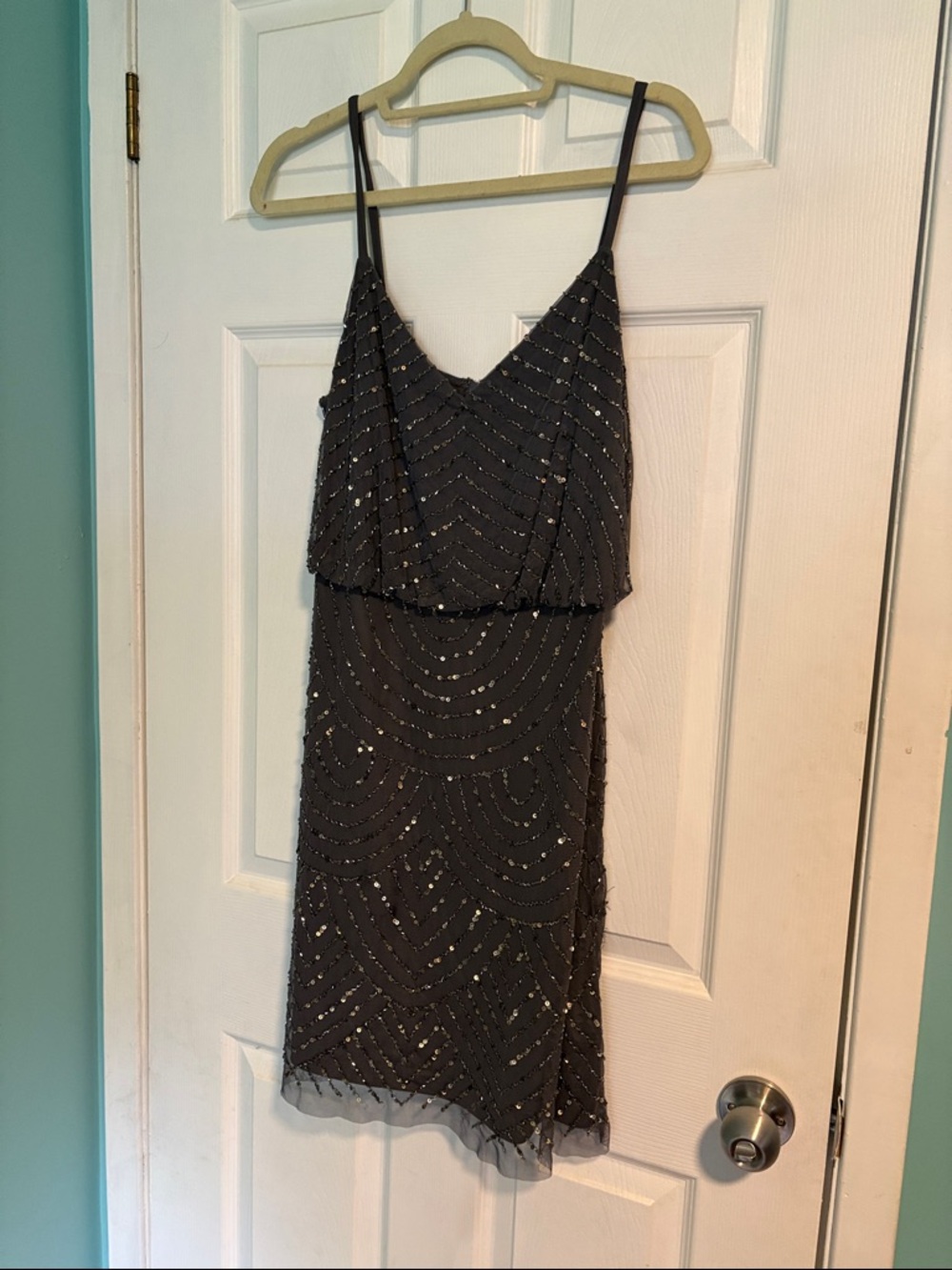Adrianna Papell Gunmetal Beaded Mini Dress
